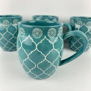 Baum Moroccan Large Turquoise Mugs Set of 4 Ceramic Coffee / Tea Cups 19 Oz